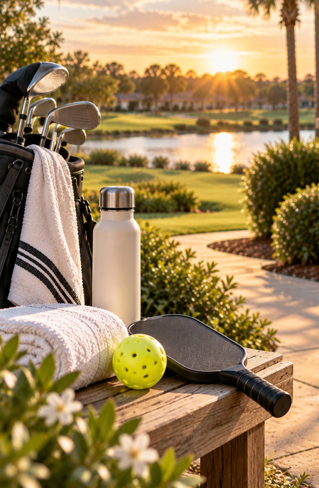 Golf clubs, towel and pickleball paddle on a bench beside a golf course at sunset